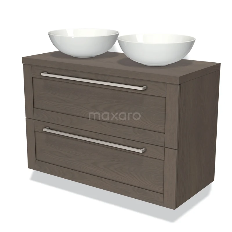 Badmöbel für Aufsatzwaschbecken 100cm Modulo Plato dunkelbraune Eiche 2 Schubladen Rahmen BMK17-00059 Hölzernes Badezimmermöbel mit zwei weißen Aufsatzwaschbecken, moderne Doppelwaschbecken mit Schubladen und metallischen Haltegriffen.