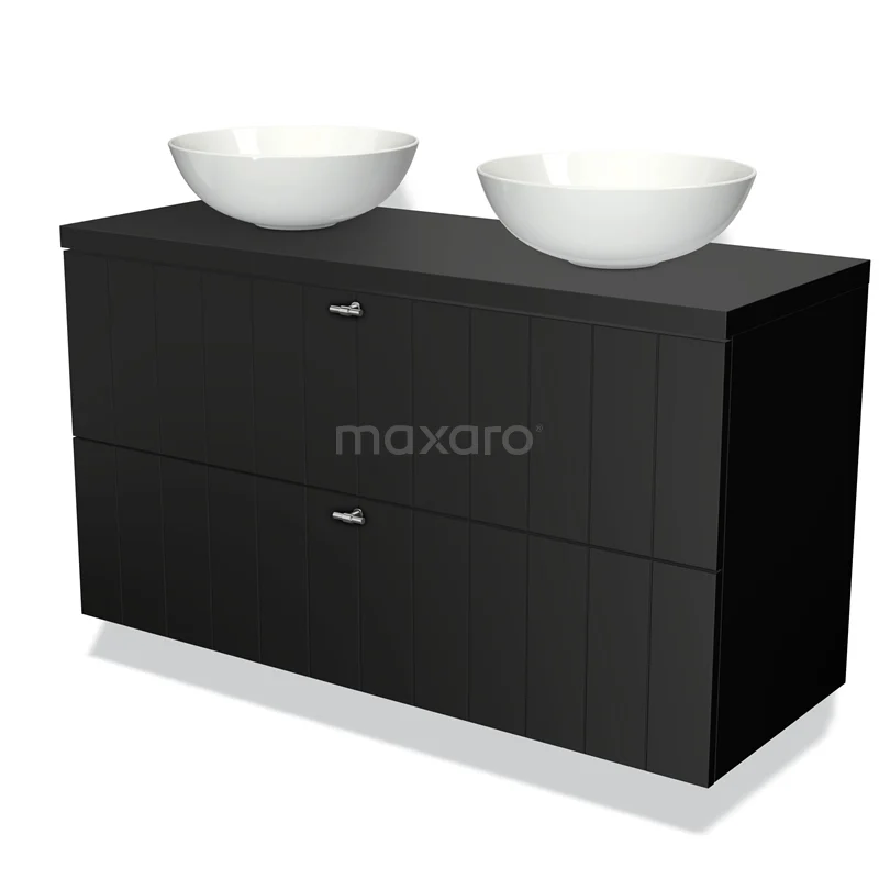Black bathroom furniture set with two white countertop wash basins, sleek design, suitable for modern bathrooms.