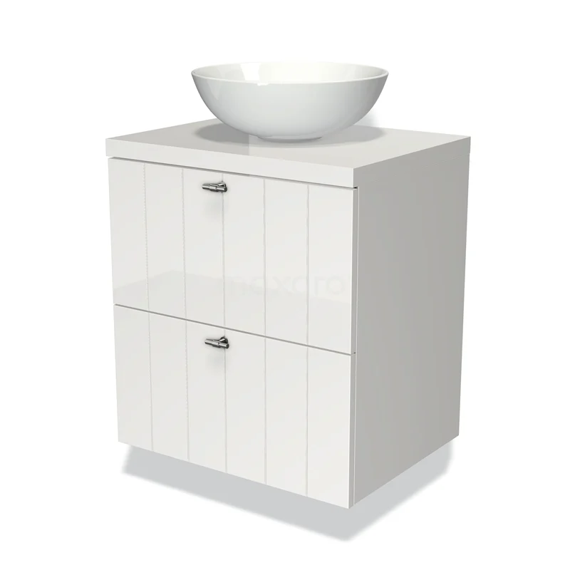 Wit badmeubel met houtlook, 2 lades en een ronde keramische waskom, perfect voor een moderne badkamerinrichting.