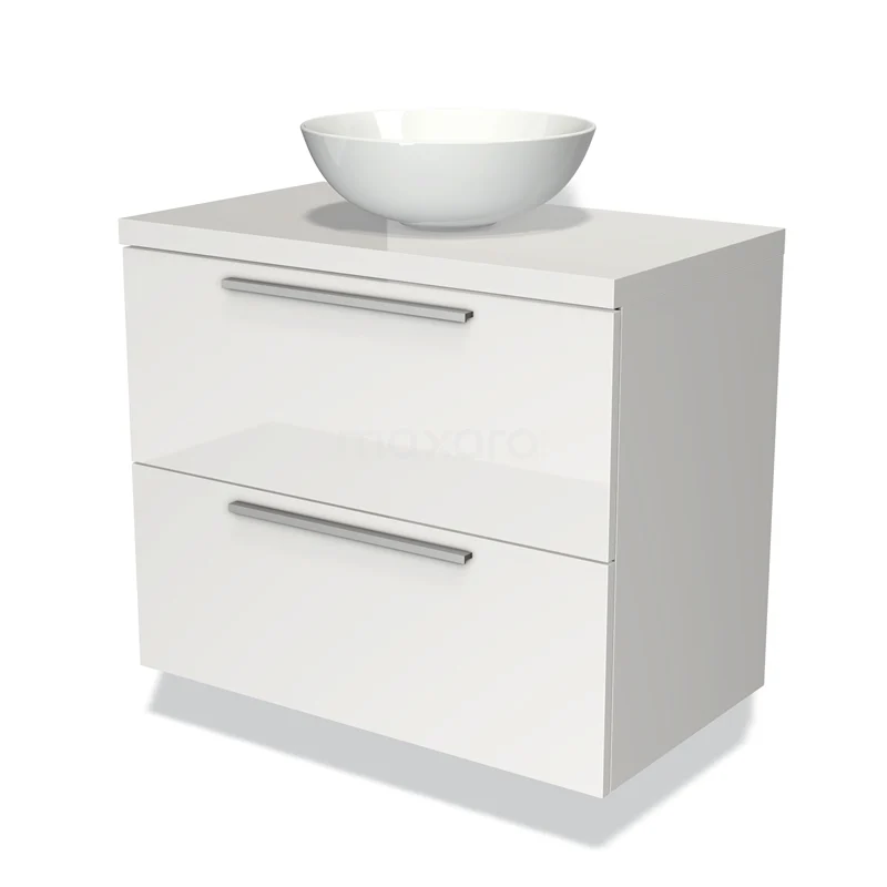 Wit badkamermeubel met glanzende afwerking, ronde wastafel van keramiek en twee lades met chromen handgrepen.