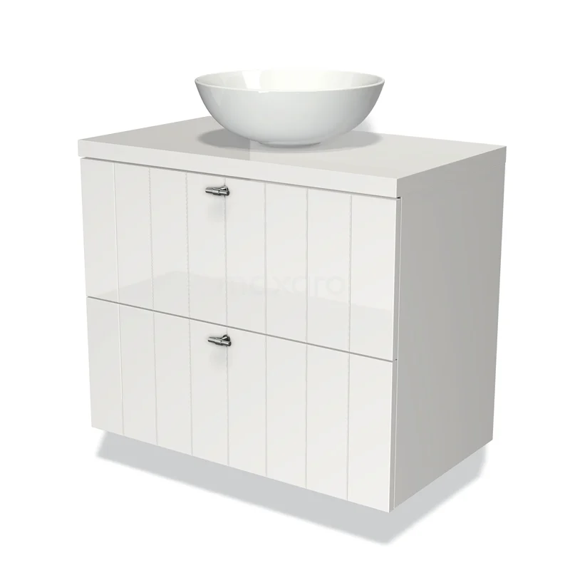 Waschtischunterschrank mit Konsole 80cm Modulo Plato Hochglanz Weiß 2 Schubladen Laminat BMK17-00089 Weißes Badezimmermöbel mit zwei Schubladen und einem runden Aufsatzwaschbecken oben, aus glatten Paneelen gefertigt, ideal für ein modernes Badezimmer.