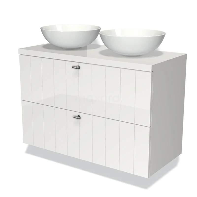 Modulo Plato Badmöbel mit Aufsatzwaschbecken | 100 cm Hochglanz Weiß Lamelle front Hochglanz Weiß blatt 2 übereinanderliegende Schubladen BMK17-00092 Weißes Badezimmermöbel mit Doppelwaschbecken, moderne glänzende Oberfläche, ideal für stilvolle Badezimmergestaltung.