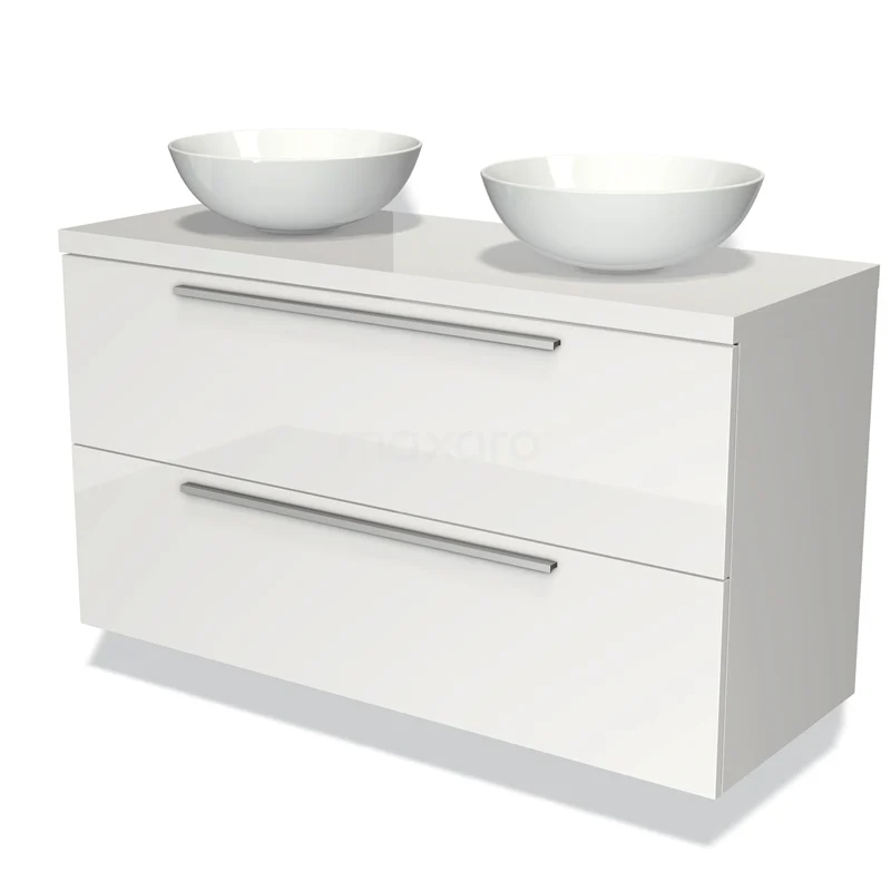 White double vanity unit made of high-gloss white MDF with two round surface-mounted bowls, ideal for modern bathroom design.
