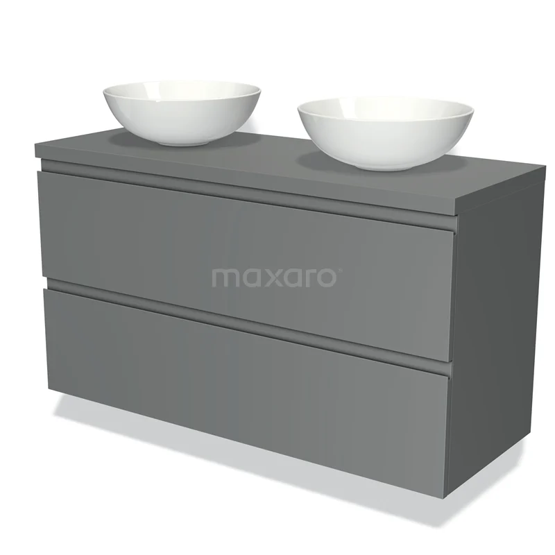 Badmöbel mit Konsole 120cm Modulo Plato Mittelgrau 2 Schubladen Grifflos BMK17-00120 Grau Badmöbel mit zwei weißen keramischen Aufsatzwaschbecken, modernes Design und klare Linien für ein stilvolles Badezimmer.