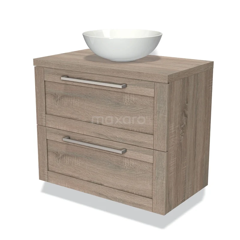 Houten badkamermeubel met waskom, twee lades en moderne handgrepen, ideaal voor praktisch gebruik en stijlvolle badkamerinrichting.