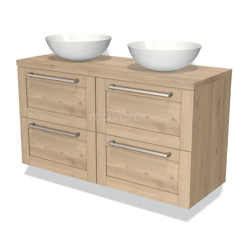 Houten badkamermeubel met dubbele witte waskommen, vier lades en metalen handgrepen; stijlvol en functioneel design.