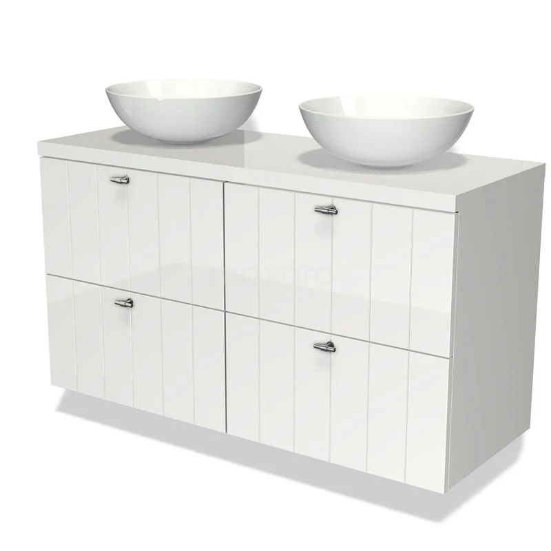 Witte dubbele wastafelmeubel met hoogglans afwerking, vier lades en keramische waskommen, ideaal voor moderne badkamers.