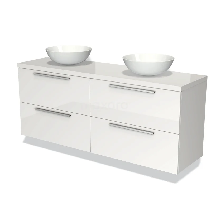 Wit hoogglans badkamermeubel met dubbele wastafel en chromen handgrepen, modern design met vier ruime opberglades.