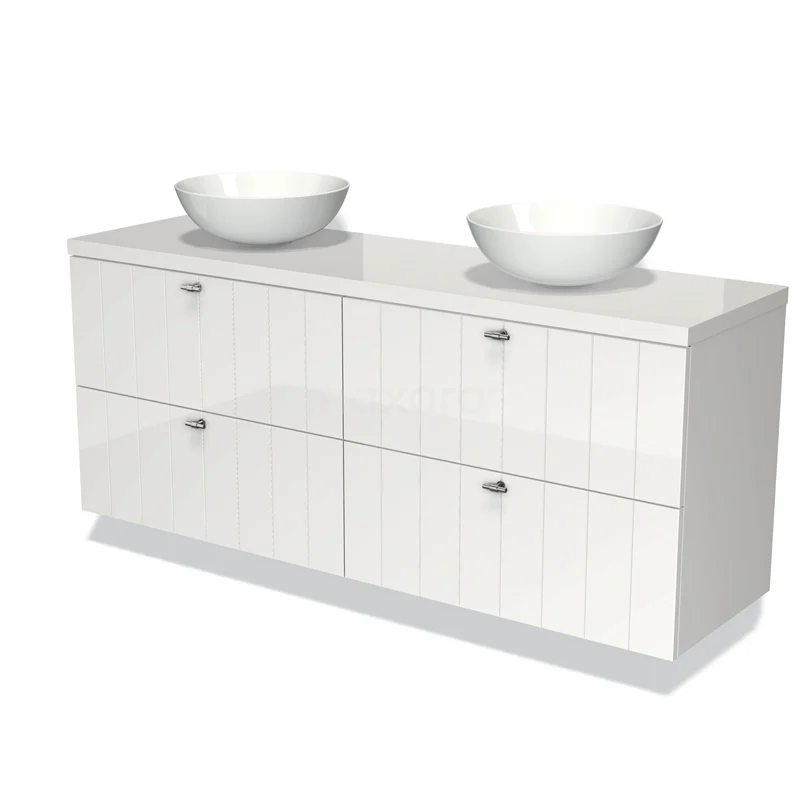 Badmöbel für Aufsatzwaschbecken 160cm Modulo Plato Hochglanz Weiß 4 Schubladen Schiefer BMK18-00047 Weißes Holz-Badmöbel mit doppeltem Aufsatzwaschbecken, modernes Design, ideal für stilvolle Badezimmergestaltung.