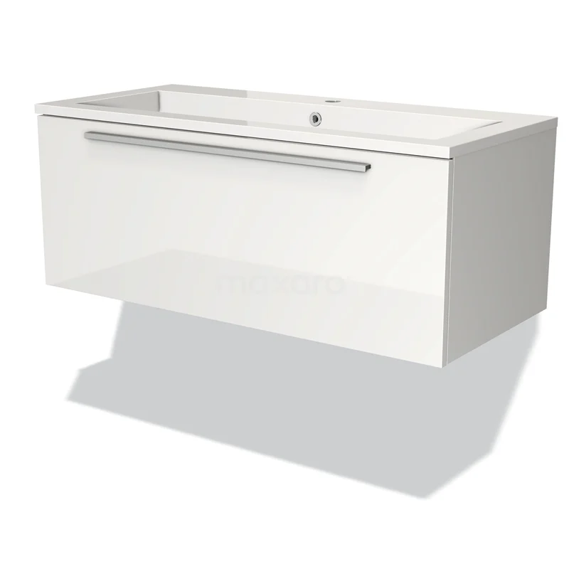 Modulo Vanity units with basin | 100 cm High-gloss white Flat front Mineral marble 1 drawer BMW11-00081
