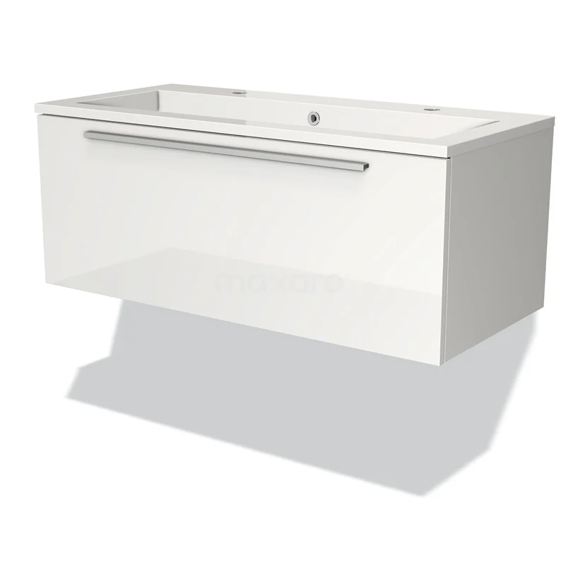Modulo Vanity units with basin | 100 cm High-gloss white Flat front Mineral marble 1 drawer BMW11-00082
