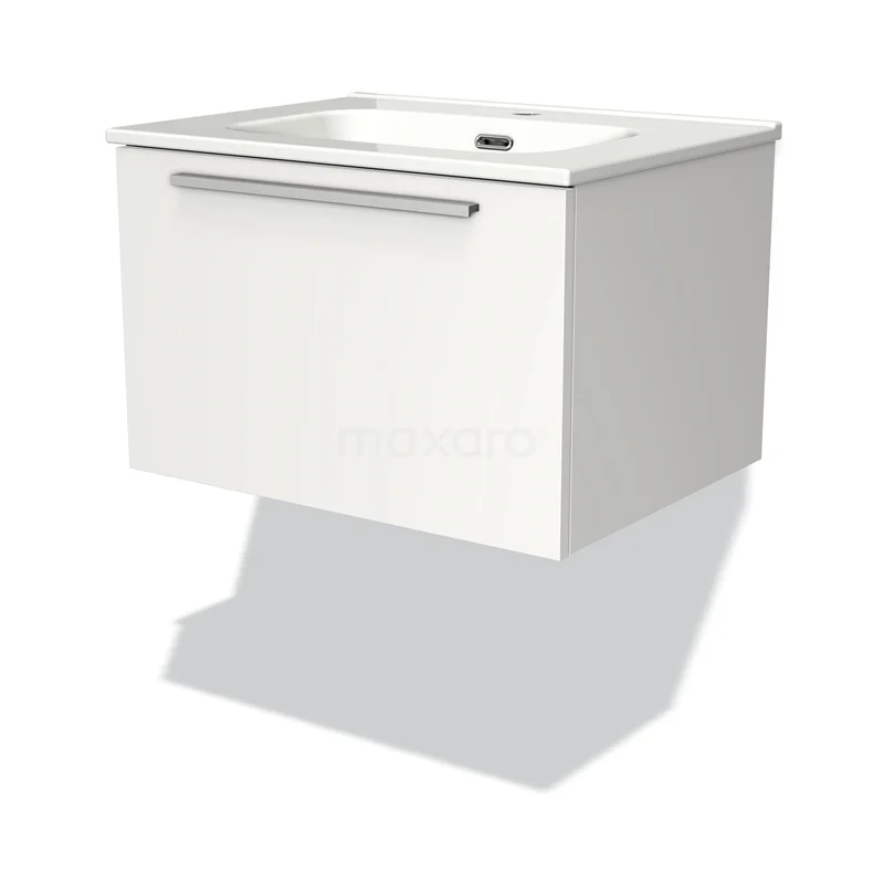 Badmöbel 60cm Modulo Matt Weiß 1 Schublade Flaches Waschbecken aus Keramik BMW11-00175 Weißes hängendes Badmöbel mit Schublade und integriertem Waschbecken, modernes Design aus nachhaltigem Material.