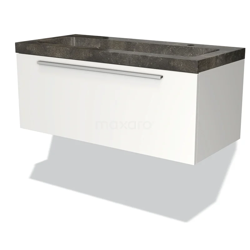 Badmöbel 100cm Modulo Matt Weiß 1 Schublade Flaches Waschbecken Naturstein Blaustein BMW11-00246 Weißes hängendes Badmöbel mit grauer Stein-Waschtischplatte, schlankem Schublade und metallischem Haltegriff, modernes Design.
