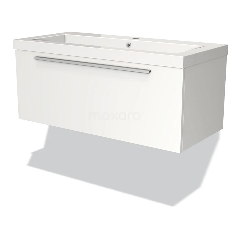 Badmöbel 100cm Modulo Matt Weiß 1 Schubladen-Flachwaschbecken Mineralguss BMW11-00249 Weiße schwebende Badmöbel mit Softclose-Schublade, einzelnes Hahnloch und schlankem Design. Ideal für moderne Bäder.