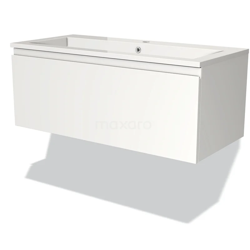 Wit hangend badkamermeubel met één lade, modern design en geïntegreerde wastafel, ideaal voor een strakke badkamerstijl.