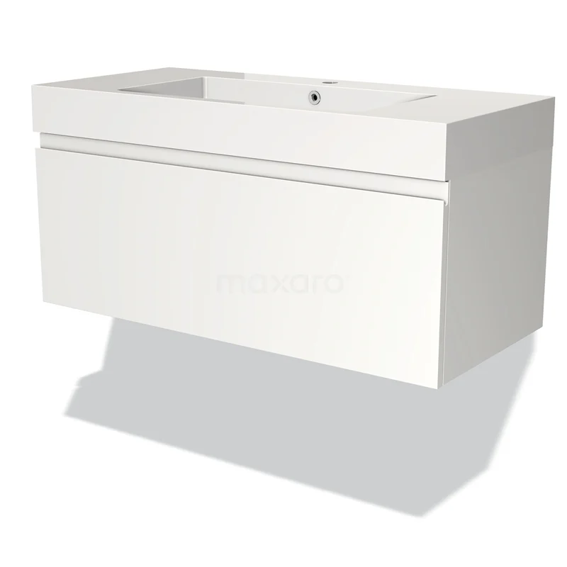 Wit keramisch wastafelmeubel met gladde lade, strak design, perfect voor een moderne badkamer.