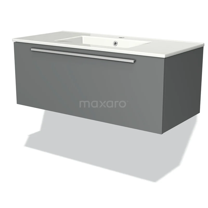 Badmöbel 100cm Modulo Mittelgrau 1 Schubladen-Flachwaschbecken aus Keramik BMW11-00412 Graues schwebendes Badezimmermöbel mit schickem rechteckigem Waschbecken und metallischem Haltegriff, modernes Design.