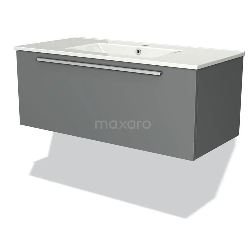 Badmöbel 100cm Modulo Mittelgrau 1 Schubladen-Flachwaschbecken aus Keramik BMW11-00414 Grauer schwebender Badschrank mit integriertem Waschbecken und metallischem Haltegriff, modernes Design aus nachhaltigen Materialien.