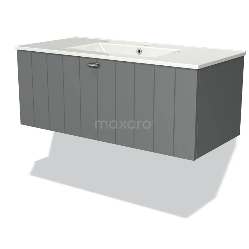 Badmöbel 100cm Modulo Mittelgrau 1 Schubladen-Lamellenwaschbecken aus Keramik BMW11-00429 Grauer schwebender Badschrank mit vertikalen Rillen, einschließlich weißem Waschbecken und modernem Aussehen, ideal für schlichte Bäder.