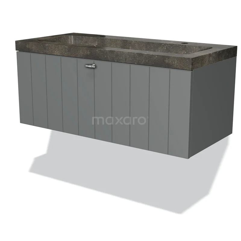 Badmöbel 100cm Modulo Mittelgrau 1 Schubladen-Lamellen-Waschbecken aus Naturstein Blaustein BMW11-00432 Graue hängende Badmöbelset mit Holzlook Fronten und Beton Waschbeckenplatte, modernes Design für luxuriöse Bäder.