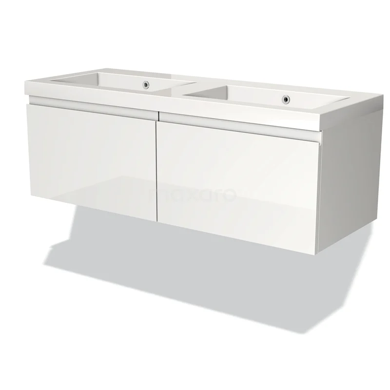 Badmöbel 120cm Modulo Hochglanz Weiß 2 Schubladen Griffloses Waschbecken Mineralguss BMW12-00032 Weißes Doppelwaschbeckenmöbel, Wandmontage, modernes Design, glatte Oberfläche, ideal für Badezimmerlagerung.