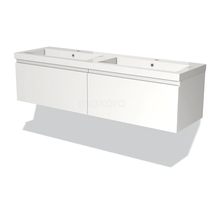 Badmöbel 160cm Modulo Matt Weiß 2 Schubladen Griffloses Waschbecken Mineralguss BMW12-00078 Weißes Doppel-Waschtischmöbel, modernes Design, mit zwei geräumigen Schubladen und integrierten Waschbecken, ideal für das Badezimmer.