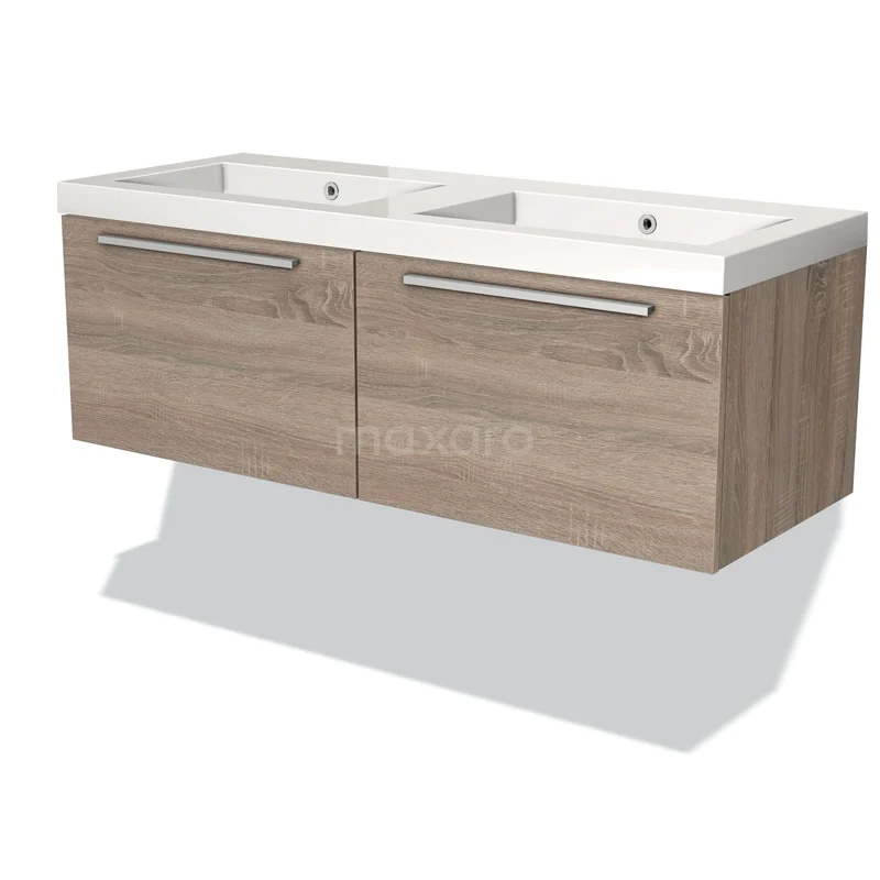 Badmöbel 120cm Modulo Eiche 2 Schubladen Flaches Waschbecken Mineralguss BMW12-00125 Holz Badezimmermöbel mit Doppelwaschbecken, moderne Hängeschrank in heller Eiche Ausführung für stilvolle Badezimmerlagerung.