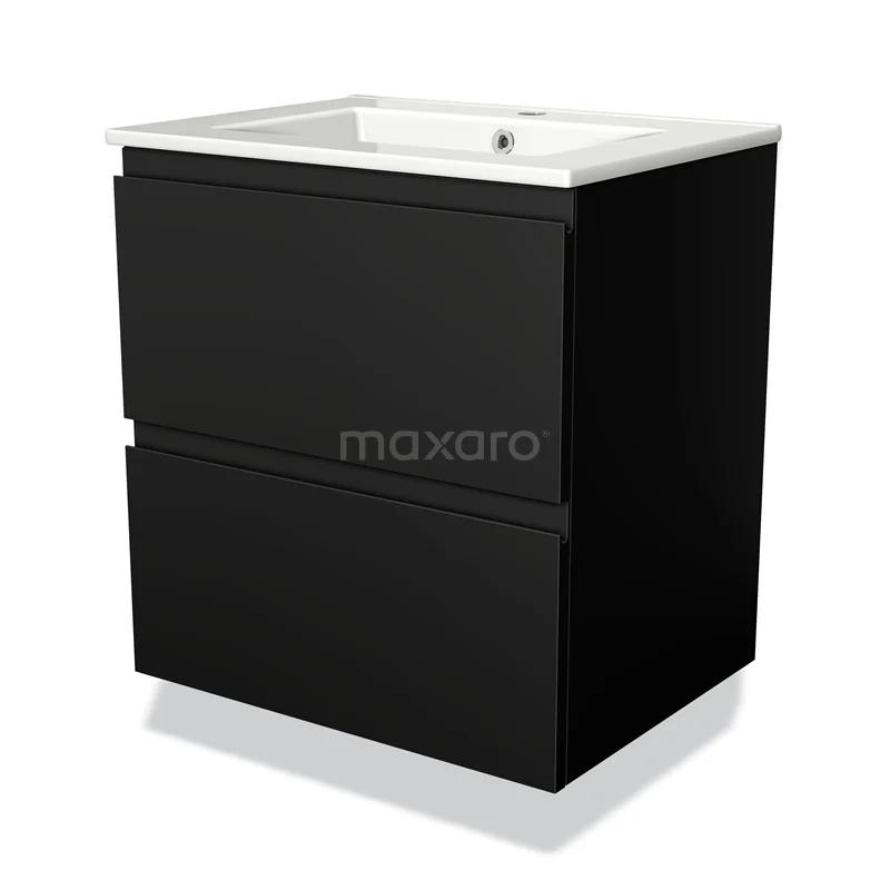 Zwart badkamermeubel met twee lades, rechthoekig keramieken wastafelblad, strak modern design ideaal voor een eigentijdse badkamer.