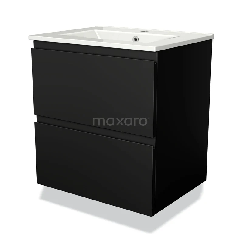 Zwarte badkamermeubelset met twee lades en witte wastafel, modern design van houtmateriaal, ideaal voor compacte badkamers.