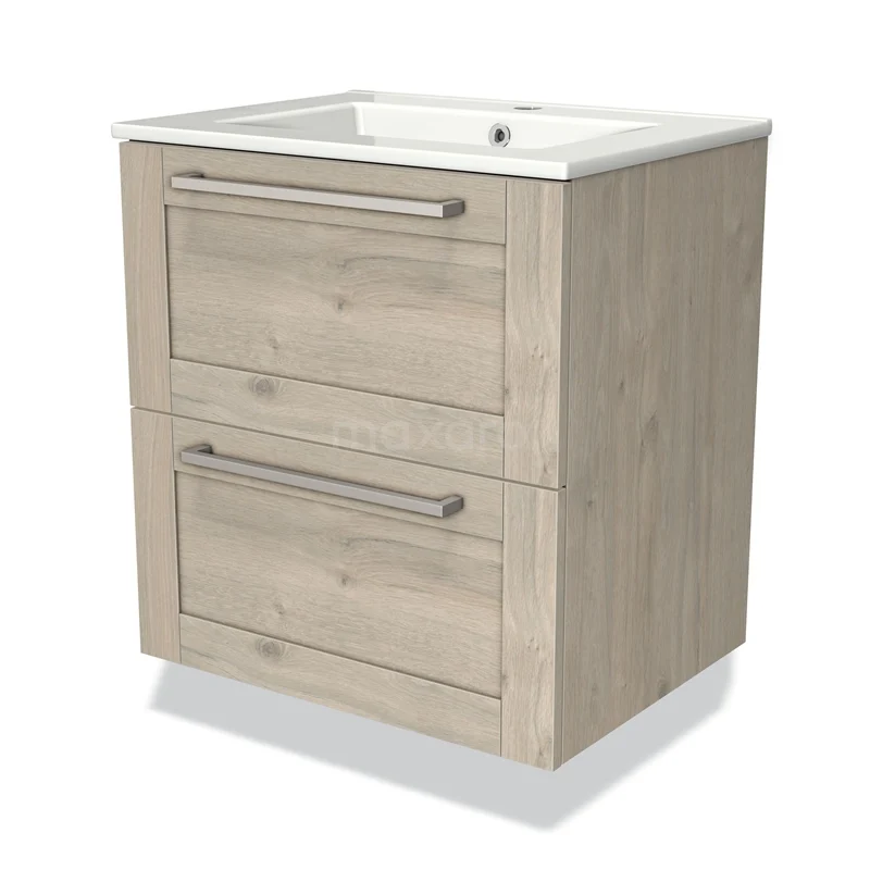 Houten badkamermeubel met twee lades, licht eiken kleur, witte keramische wastafel, ideaal voor compacte badkamers.