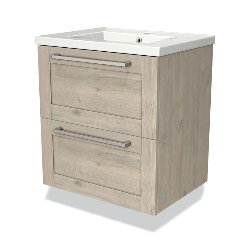 Houten badkamerkast met twee metalen lades en witte wastafel, perfect voor een moderne badkamerinrichting.