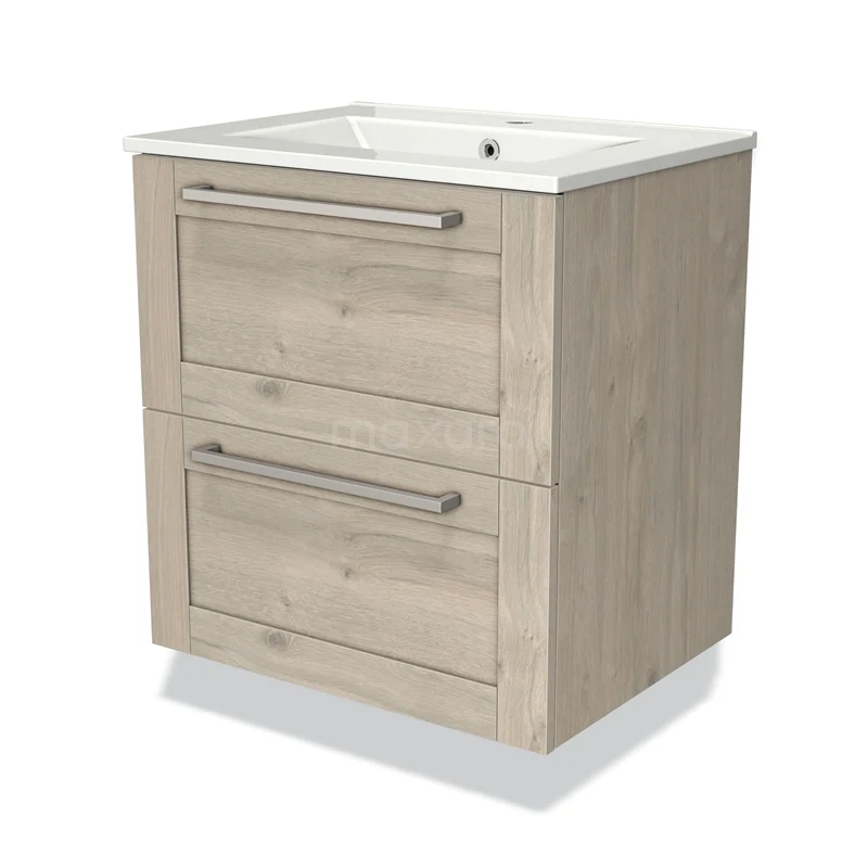 Houten badkamermeubel met 2 lades, licht eiken finish en wit keramische wastafel, ideaal voor stijlvolle badkamerruimte.