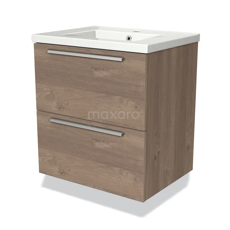 Houten badkamermeubel met twee lades en witte keramische wastafel, compact ontwerp ideaal voor moderne badkamers.