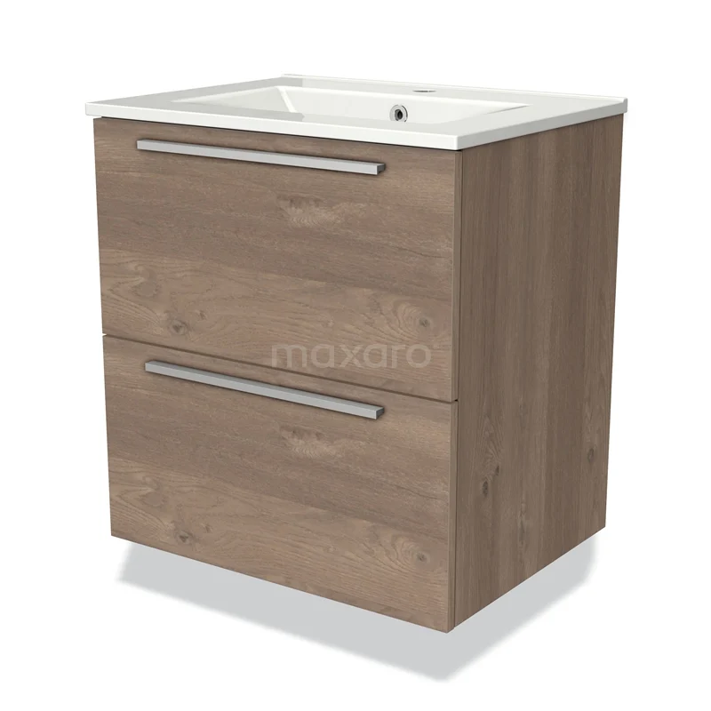 Houten badkamermeubel met twee softclose lades, keramische wastafel en modern design, ideaal voor stijlvolle badkameropslag.