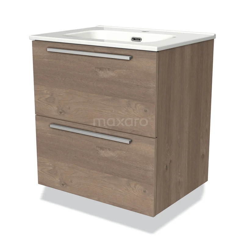 Houten badkamermeubel met twee lades, modern design en witte wastafel; ideaal voor een stijlvolle en functionele badkamer.