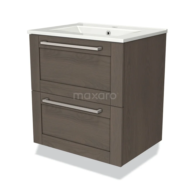 Bruine badkamermeubel met twee lades, chroom handgrepen en keramische wastafel, modern design.