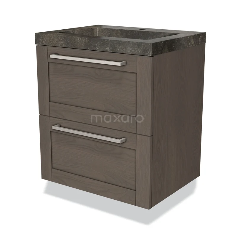 Modulo Bathroom furniture with sink | 60 cm Dark brown oak Frame front Natural stone 2 Stacked drawers BMW17-00182 Brown wooden bathroom unit with two drawers, a natural stone basin worktop and sleek metal handles for a modern look.