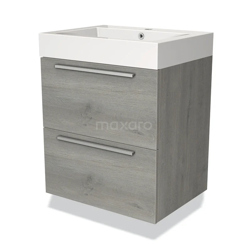 Grey wooden bathroom unit with white vanity units with basin, 2 drawers and metal handles for a modern bathroom style.