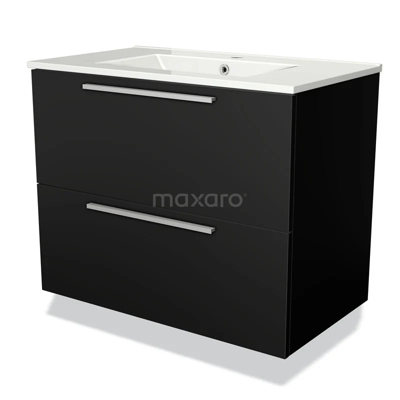 Black bathroom unit with white vanity units with basin, two drawers and metal handles, sleek design for modern bathrooms.