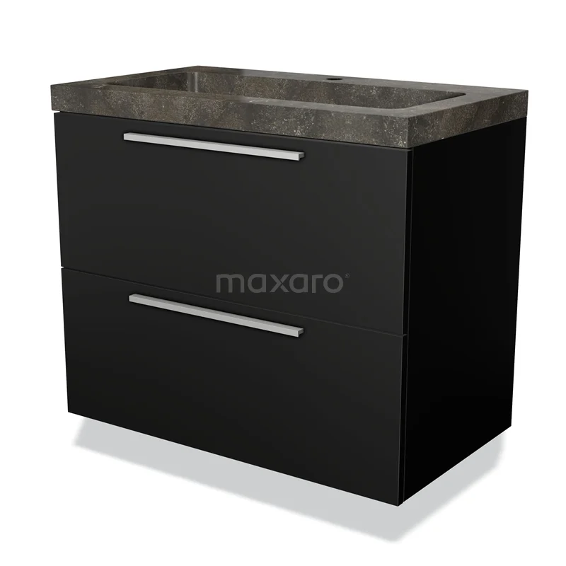 Black bathroom unit with concrete vanity units with basin, modern design, two drawers and sleek metal handles.