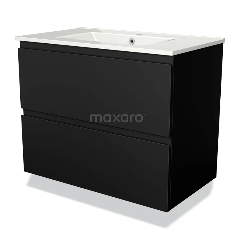 Zwarte badkamermeubelset met twee lades, strak design, wit keramische wastafel; ideaal voor moderne badkamers.