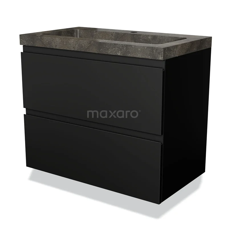 Zwarte badkamermeubelset met twee lades, betonlook wastafelblad en strak design, ideaal voor een moderne badkamer.