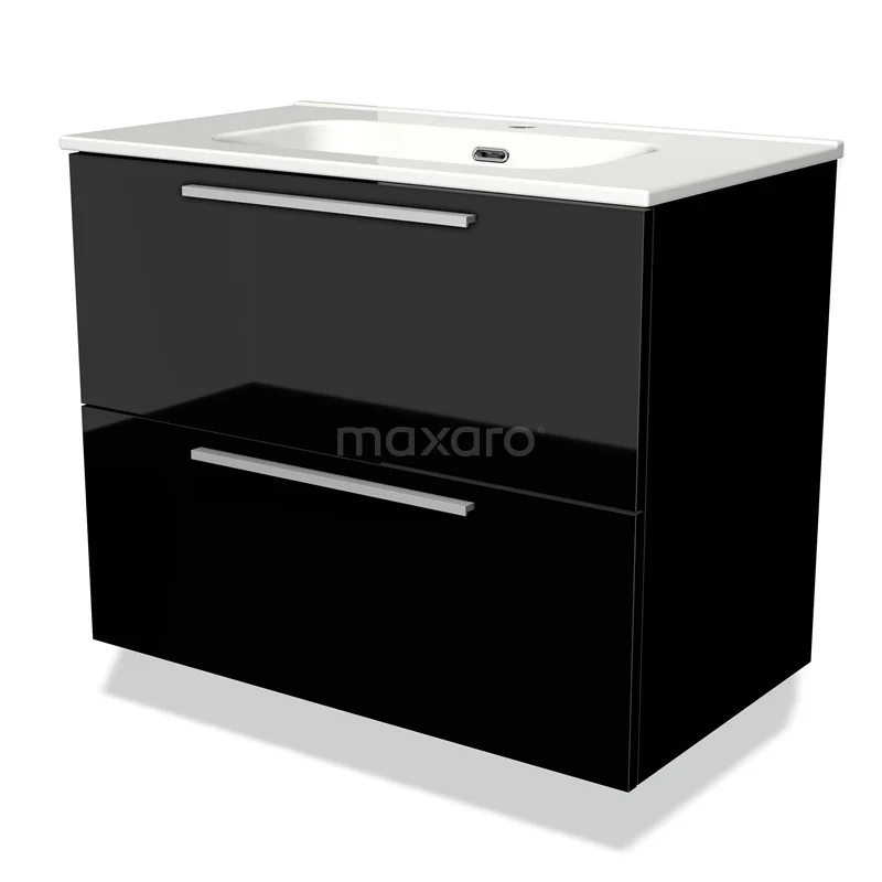 Modulo Bathroom furniture with sink | 80 cm High-gloss black Flat front Ceramic 2 Stacked drawers BMW17-00307 Black glossy bathroom unit with white basin, sleek design, two drawers with metal handles, perfect for modern bathrooms.