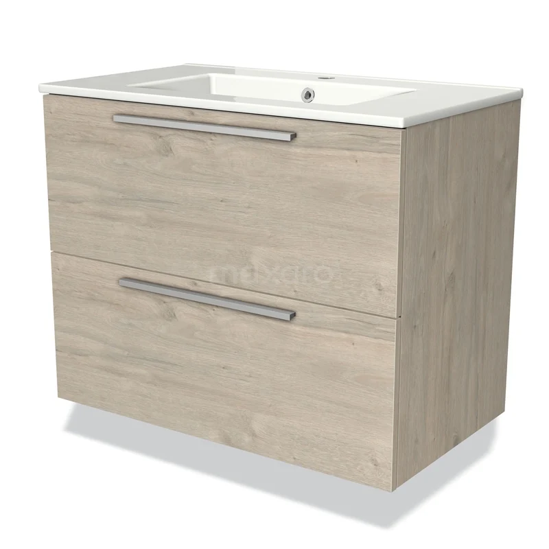 Badmöbel 80cm Modulo hellgraue Eiche 2 Schubladen Flaches Waschbecken Keramik BMW17-00340 Holz-Badmöbel mit zwei Schubladen und einem weißen keramischen Waschbecken, modernes Design aus der Naturholz-Serie.