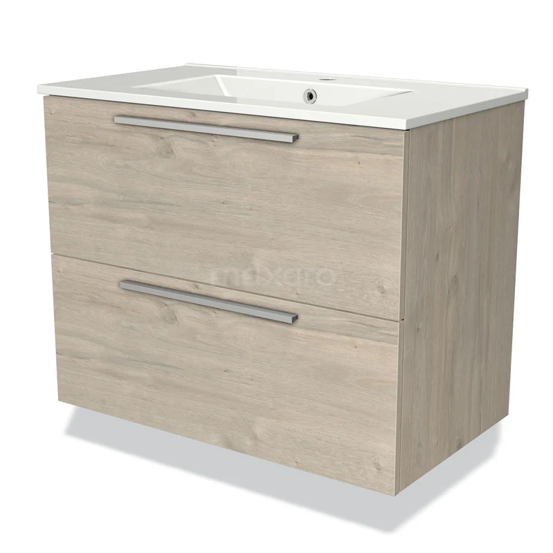 Badmöbel 80cm Modulo hellgraue Eiche 2 Schubladen Flaches Waschbecken Keramik BMW17-00342 Holz Badezimmermöbel mit zwei Schubladen, beigem Eichenlook, integriertem Waschbecken und metallischen Haltegriffen.