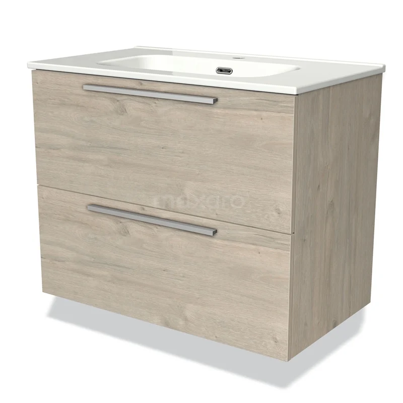 Houten badkamermeubel met twee lades, licht eiken kleur, geïntegreerde wastafel en moderne metalen handgrepen.