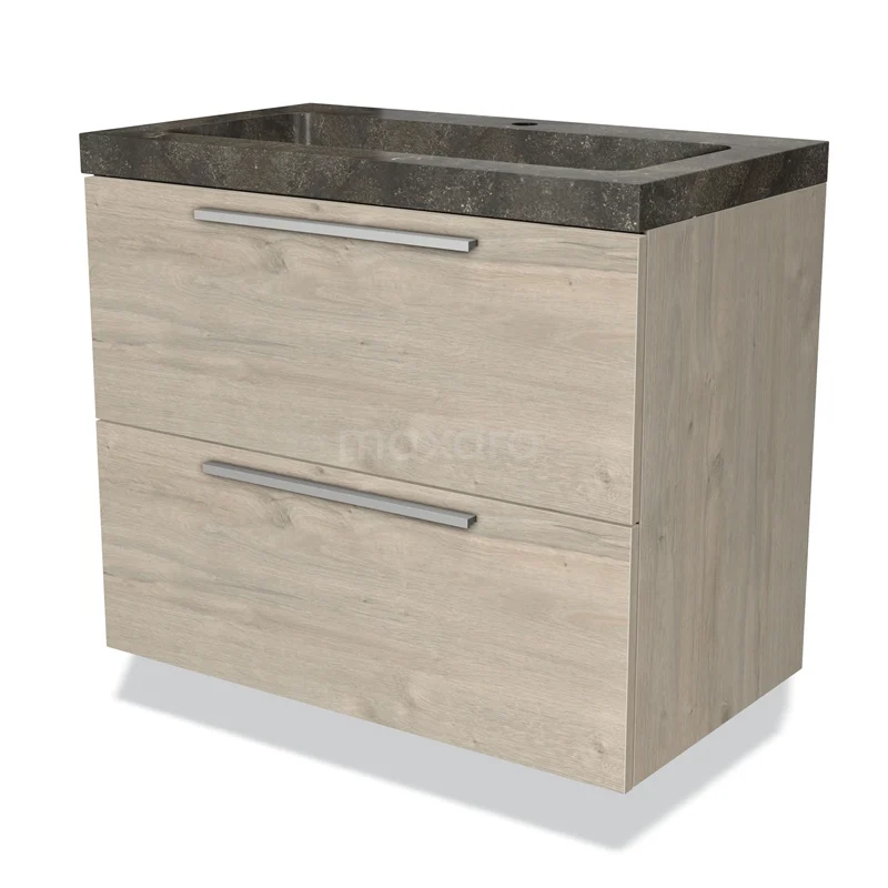 Houten badkamermeubel met 2 lades, grijze steenlook wastafel, modern ontwerp. Perfect voor een stijlvolle badkamerinrichting.