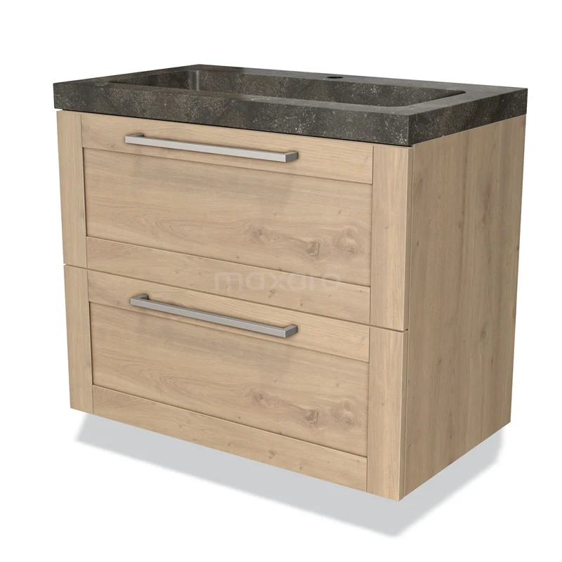 Houten badkamermeubel met twee lades, natuursteen wastafel, modern design, ideaal voor stijlvolle badkamerinrichting.