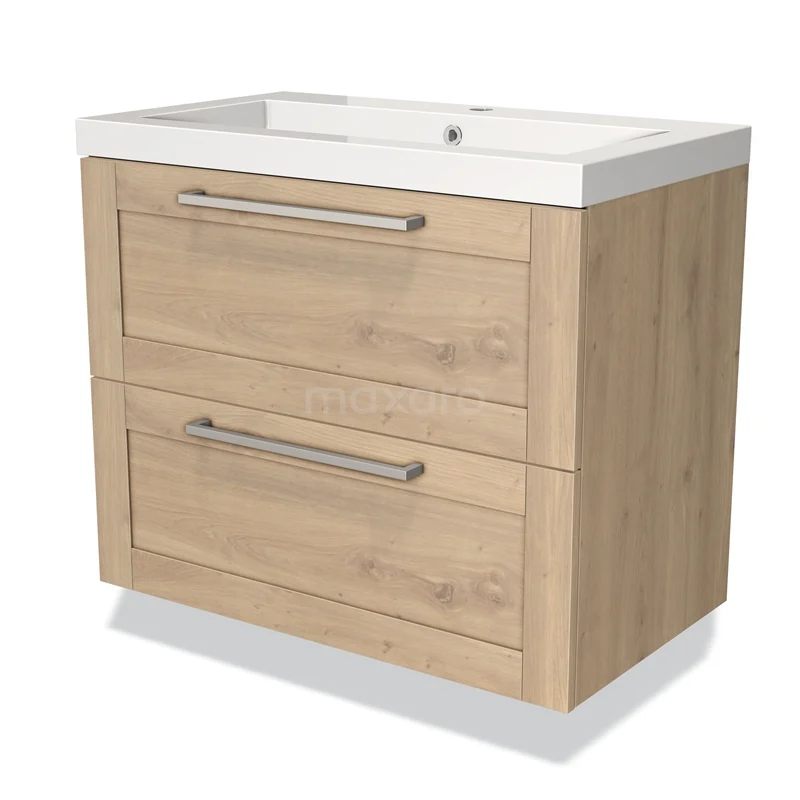 Houten wastafelmeubel met twee lades, metalen handgrepen en witte keramische wastafel, ideaal voor een moderne badkamer.