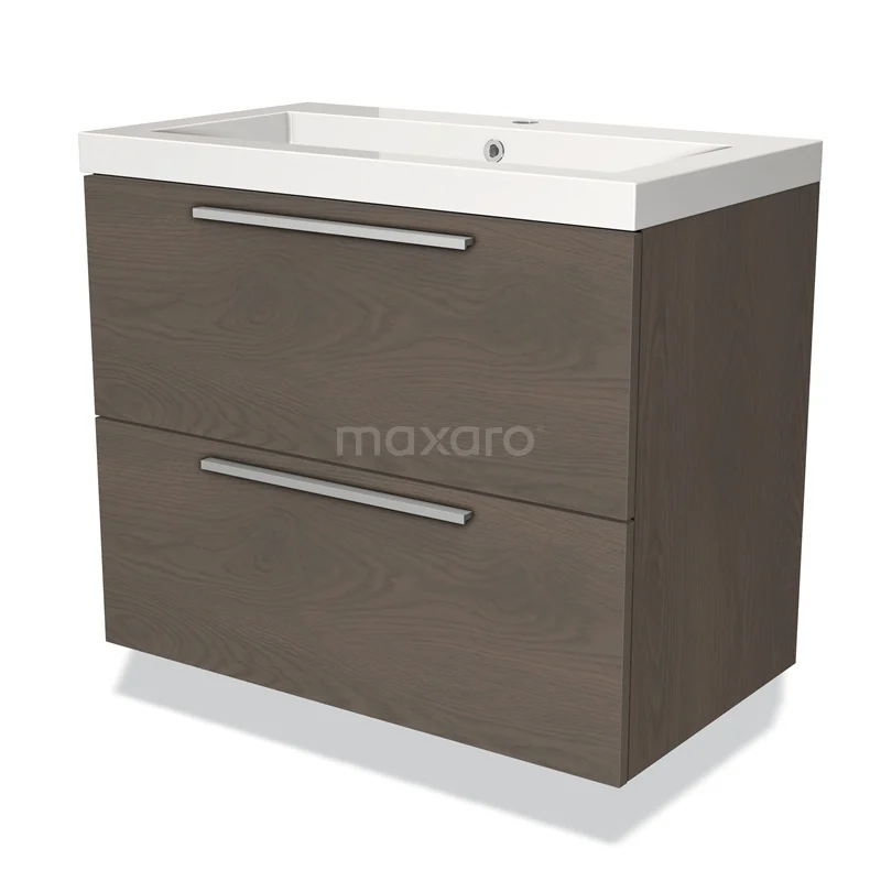 Bruine houten badkamermeubel met twee lades, witte wastafel en zilverkleurige handgrepen, modern design.
